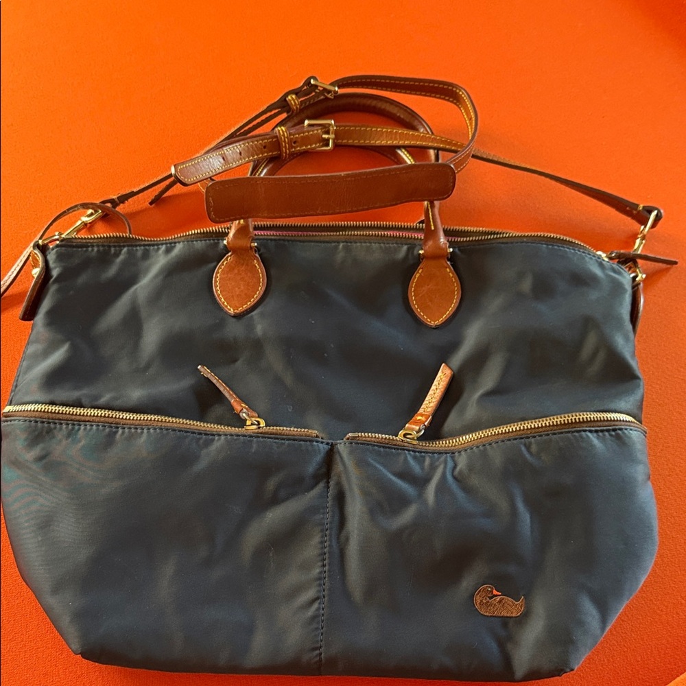 Dooney & Bourke Navy Travel Tote with Brown Trim